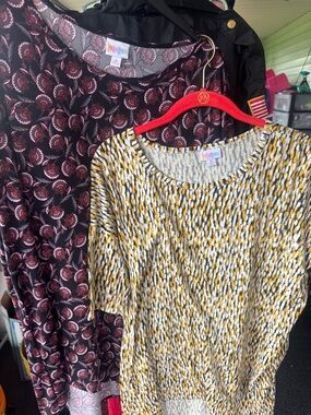LuLaRoe Mustard Yellow Geometric Top & Burgundy Floral Top